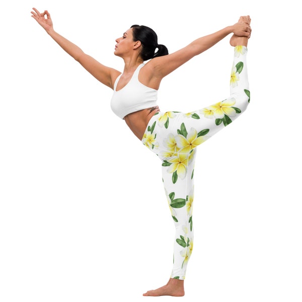 Fifth Degree™ White Plumeria Print High-Waisted Depression Healing Negative Mood-Enhancing Designer Premium Workout Gym Yoga Leggings