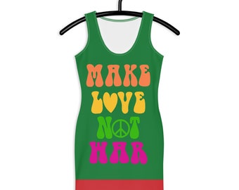 Fifth Degree™ Hippie Clothes Make Love Not War Print Rasta Dress Clothing Reggae Outfit Gifts Women Rastafari Dress Green