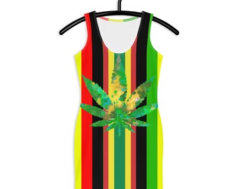 Fifth Degree™ Hippie Clothes Women Retro Weed Print Pot Leaf Rasta Color Cannabis Dress Rastafari Stoner Reggae Dress Marijuana 420 1960s