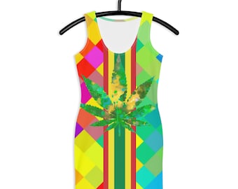 Fifth Degree™ Hippie Clothes Women Retro Weed Print Pot Leaf Rasta Color Dress Cannabis Stoner Reggae Dress 420 Outfit Marijuana 1960s