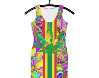 Fifth Degree™ Hippie Clothes Women, Retro Weed Pot Leaf, Rasta Color Dress, Rastafari Dress, Cannabis Stoner, Reggae Dress, Marijuana 1960s