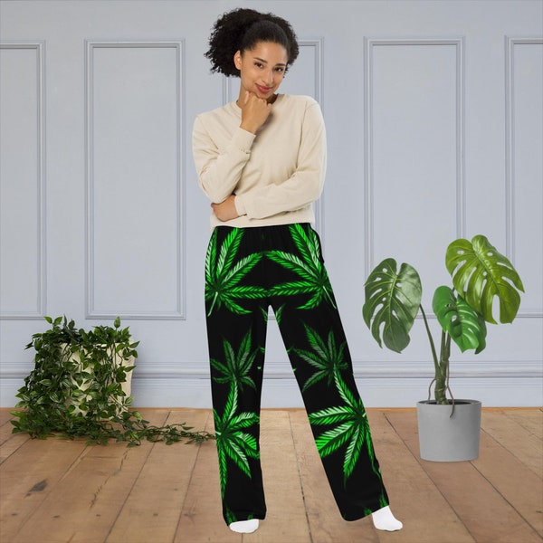 Fifth Degree™ Weed Wide-Leg Pot Leaf Pants, Marijuana Clothing Cannabis, Hippie Clothes 420 Outfit Stoner Gifts For Women