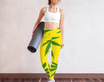 Fifth Degree™ Hippie Cannabis Weed Pot Leaf Clothing Yellow Yoga Leggings Sportswear Stoner Gifts For Women