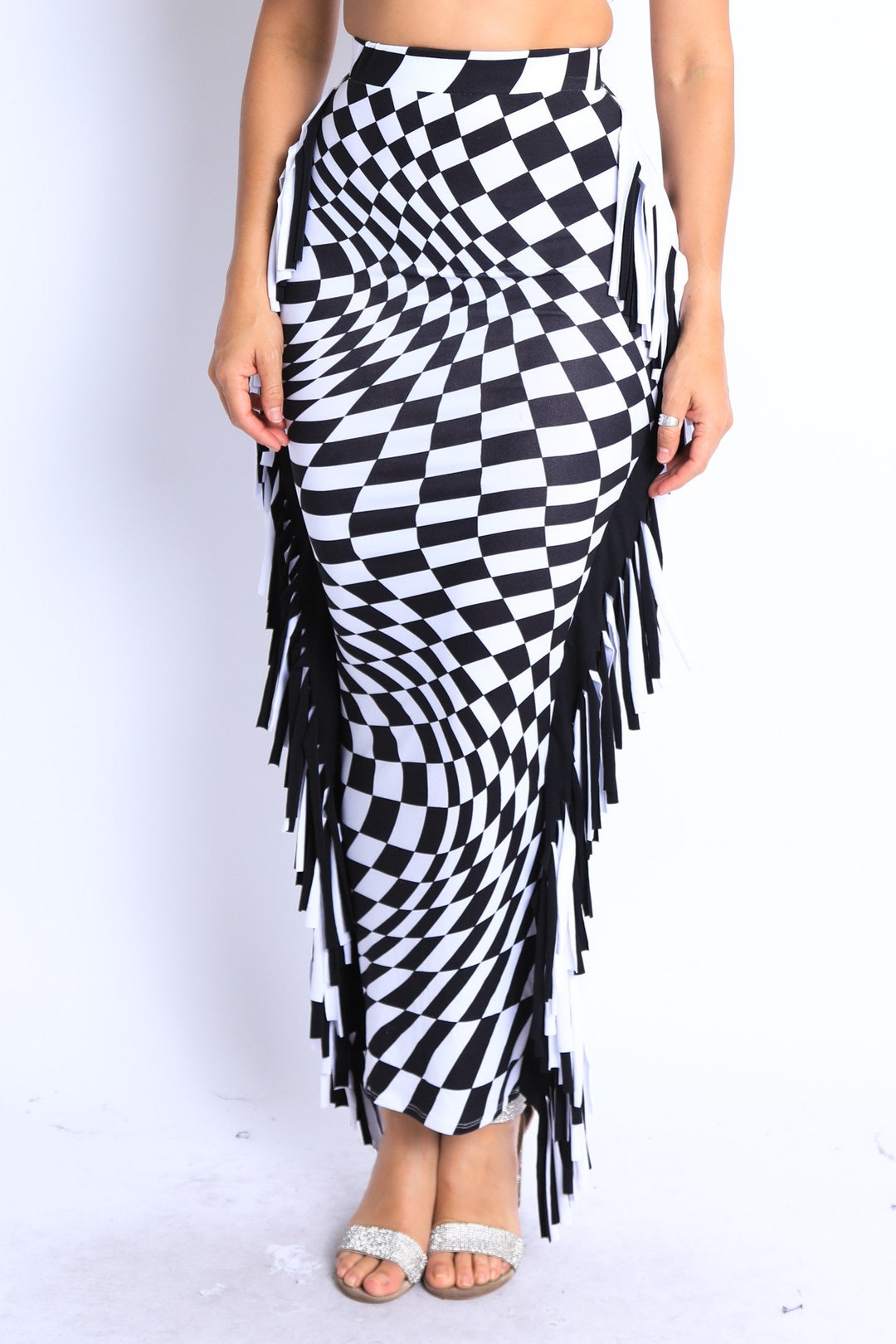 Checkered Designer Sexy Fringe Maxi Skirt Etsy