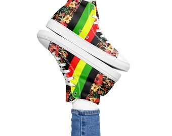 Fifth Degree™ High Top Canvas Shoes For Women Floral Print Rasta Color Reggae Rastafari Hippie Rastafarian