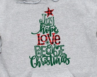 ON SALE Christmas Sweatshirt, Christmas Hoodie, Buffalo Plaid Christmas Sweatshirt, Joy Hope Love Peace Christmas Hoodie