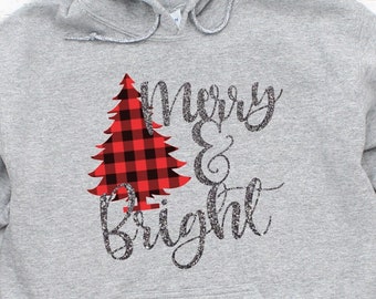 ON SALE Glitter Christmas Hoodie, Merry & Bright, Buffalo Plaid Christmas Tree Sweatshirt, Glitter Merry and Bright Hoodie, Sweatshirt