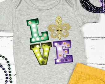 LOVE Mardi Gras Tshirt, Kids Mardi Gras Shirt, Youth Mardi Gras Shirt, Infant Mardi Gras Shirt, Toddler Mardi Gras Shirt