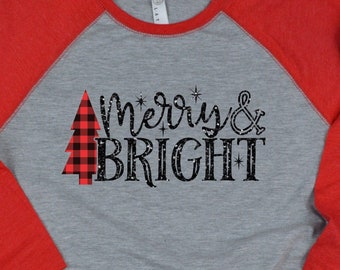ON SALE Merry and Bright Christmas Raglan Shirt, Buffalo Plaid Christmas Shirt, Baseball Tee, Red Sleeve Christmas Shirt, Buffalo Plaid Tree