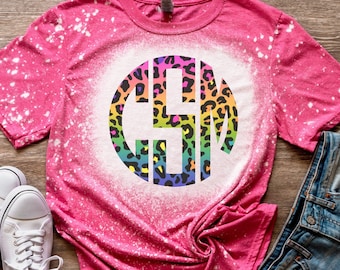 Rainbow Leopard Monogram Tshirt, Monogram Bleached Tee, Leopard Monogram Shirt