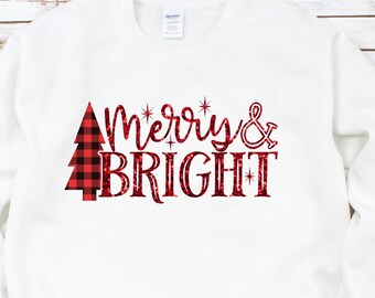 ON SALE Glitter Christmas Hoodie, Merry & Bright, Buffalo Plaid Christmas Tree Sweatshirt, Glitter Merry and Bright Hoodie, Sweatshirt