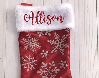 ON SALE Personalized Christmas Stockings, Glitter Names, Christmas Stocking with Glitter Snowflakes, Christmas Decor