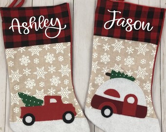 Personalized Plaid Christmas Stockings, Christmas Truck Stocking, Red Truck Christmas Tree, Christmas Camper, Buffalo Plaid Stocking