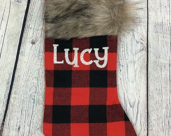 ON SALE Personalized Buffalo Plaid Stocking, Personalized Christmas Stockings, Red and Black Stocking, Christmas Decor, Family Stockings