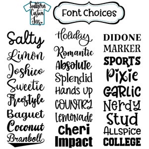 May include: A graphic showing a variety of font choices for custom t-shirts. The fonts are displayed in black text on a white background. The fonts include: Salty, Limon, Joshico, Sweetie, Freestyle, Baguet, Coconut, Branboll, Holiday, Romantic, Absolute, Splendid, Hands Up, Country, Lemonade, Cheri, Impact, Didone, Marker, Sports, Pixie, Garlic, Nerdy, Stud, Allspice, College.