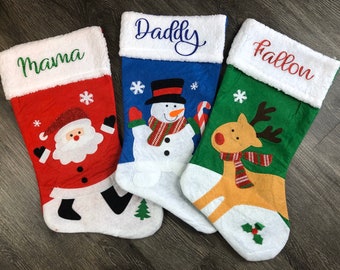 ON SALE Personalized Christmas Stockings, Cute Stockings for Kids, Red Santa Stocking, Green Reindeer Stocking, Blue Snowman Stocking