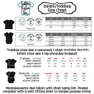 May include: Size chart for infant and toddler clothing. The chart shows sizes from newborn to 5/6T, with corresponding age ranges, height, and weight measurements in inches and pounds. The chart also includes a description of the types of clothing available in each size, such as crewneck t-shirts and lap-shoulder bodysuits.