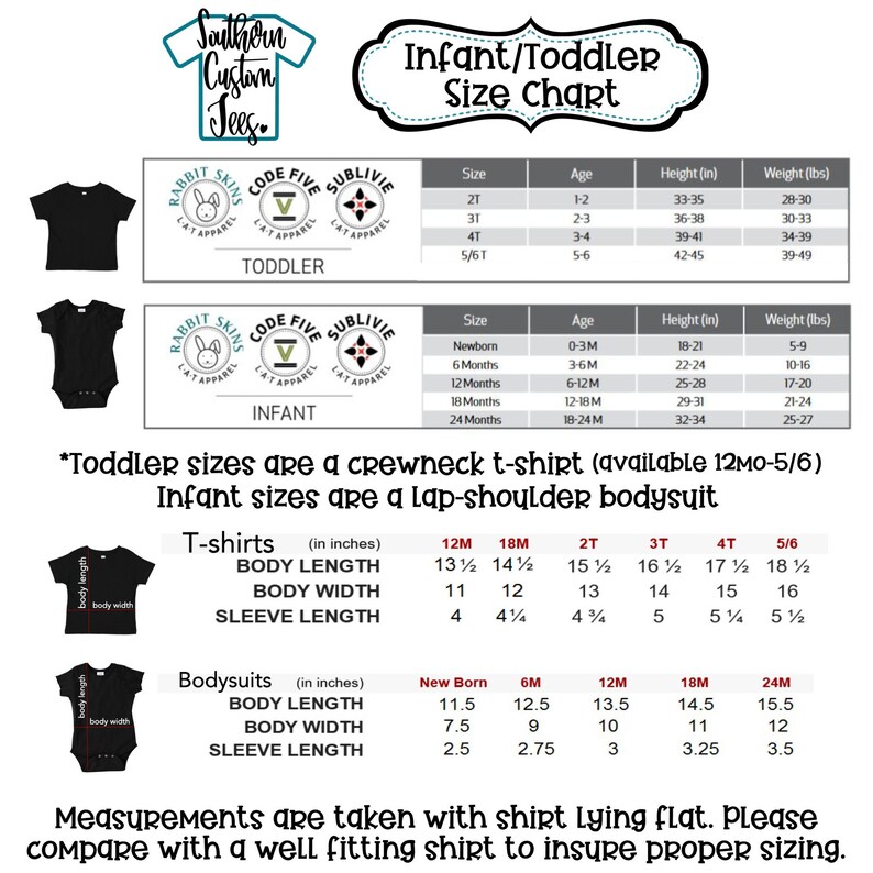May include: Size chart for infant and toddler clothing. The chart shows sizes from newborn to 5/6T, with corresponding age ranges, height, and weight measurements in inches and pounds. The chart also includes a description of the types of clothing available in each size, such as crewneck t-shirts and lap-shoulder bodysuits.
