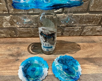 Blue and white ocean inspired wine caddy and coaster set. Perfect gift for the wine lover in your life.