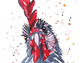 May include: Watercolor painting of a rooster with a red comb and wattle, looking directly at the viewer. The rooster's feathers are a mix of gray and black, with hints of gold. The background is white with splatters of pink, red, and orange paint.