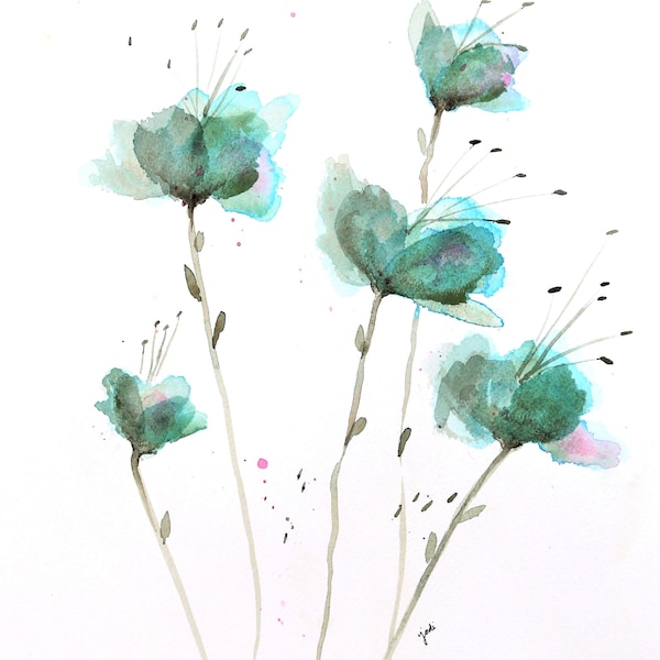 ORIGINAL Abstract Blue Green Flowers Botanical Watercolor