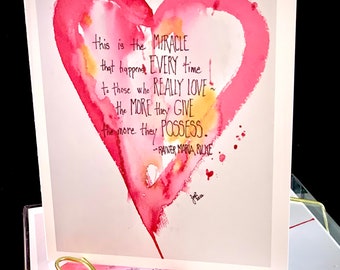 Set of Original PRINT Miracle of Love Rilke Quote Pink Heart Watercolor Cards (boxed set of 4)