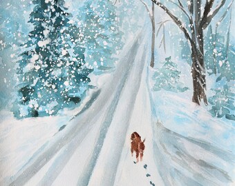 Snowy Winter Walk with Charlie Dog Watercolor PRINT - Print of Original Watercolor by Jodi McKinney