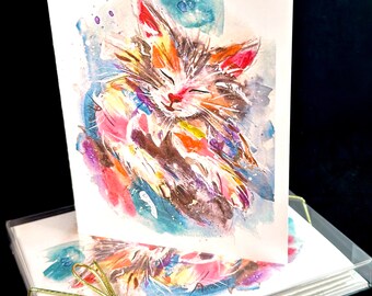 Abstract Calico Cat Watercolor Print Card Set -  set of 4 boxed with envelopes