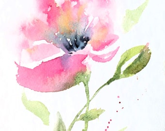 5 x 7 PRINT of pink poppy flower original watercolor painting