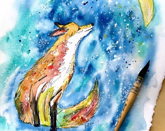 ORIGINAL Fox and Moon 11 x 14 Watercolor painting