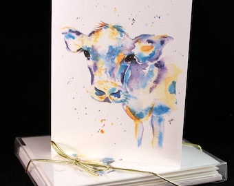 Set of Original PRINT Watercolor Cow Cards, Animal Note Cards/Greeting Cards (Set of Four)watercolor Cards