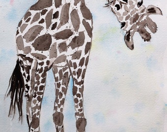 Peek-a-boo giraffe,  Watercolor Print of Original Painting, Watercolor giraffe  painting, nursery decor