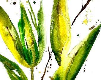 Blooming All Along Green Leaves Watercolor PRINT of original painting