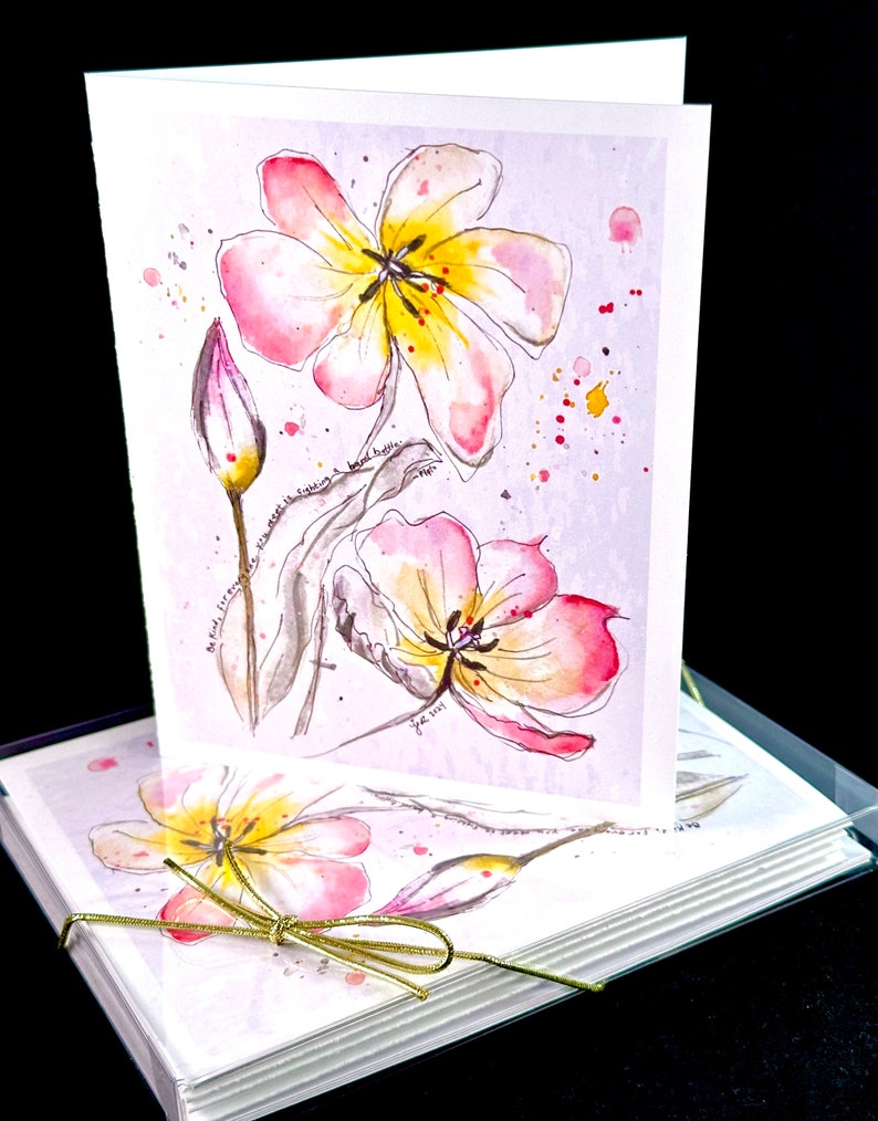 Soft Pink Flowers Watercolor Print Card Set set of 4 boxed with envelopes image 1