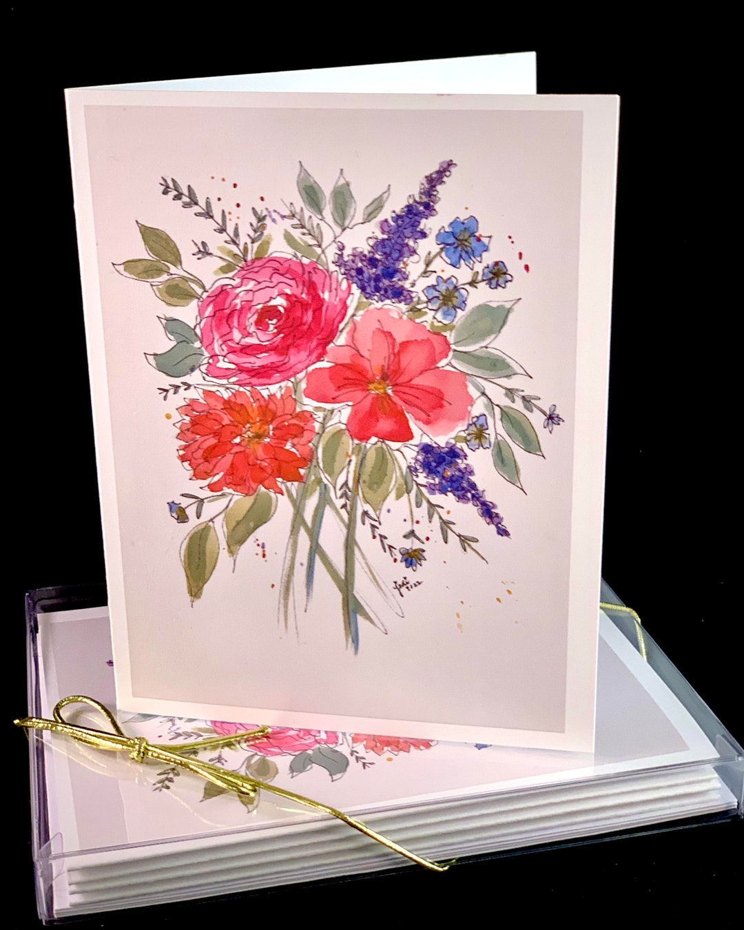 Set of Watercolor Print Flower Bouquet Note Cards/greeting Cards (set ...