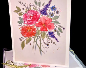 Lot de cartes de correspondance/cartes de voeux bouquet de fleurs à imprimé aquarelle (lot de quatre)
