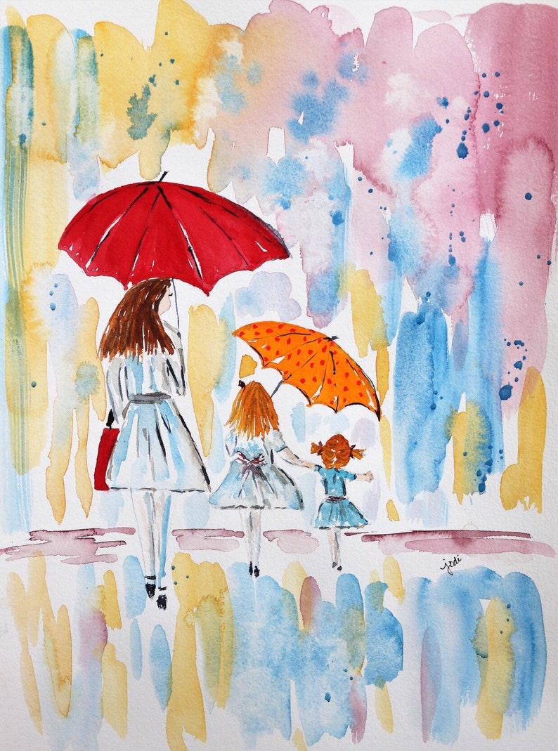 Mother and daughters Watercolor Print of Original Painting, Watercolor mother/daughters image 1