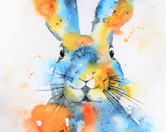 Bunny Aquarelle Print of Original Painting, Aquarelle lapin, spring bunny painting, bunny décor