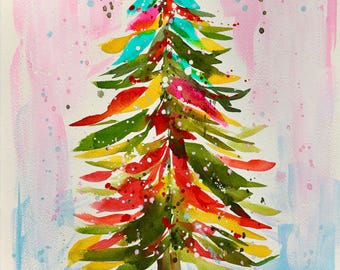 Bold & Colorful Christmas Tree Original Watercolor 11x14