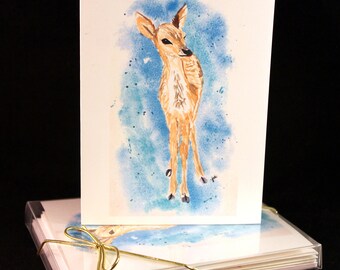 Set of Original PRINT Watercolor Fawn  Cards, Animal Note Cards/Greeting Cards (Set of Four)watercolor Cards