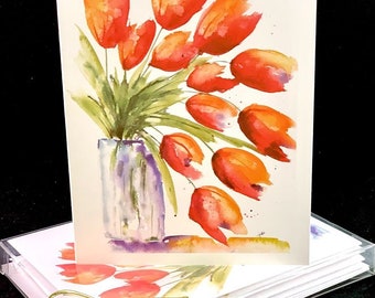 Overflowing Tulips in Vase Original Watercolor PRINT Note Card Set, Watercolor Cards, Spring Flower Cards, Watercolor Tulip Cards