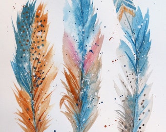 Print of original watercolor three feathers, feather painting, feather decor