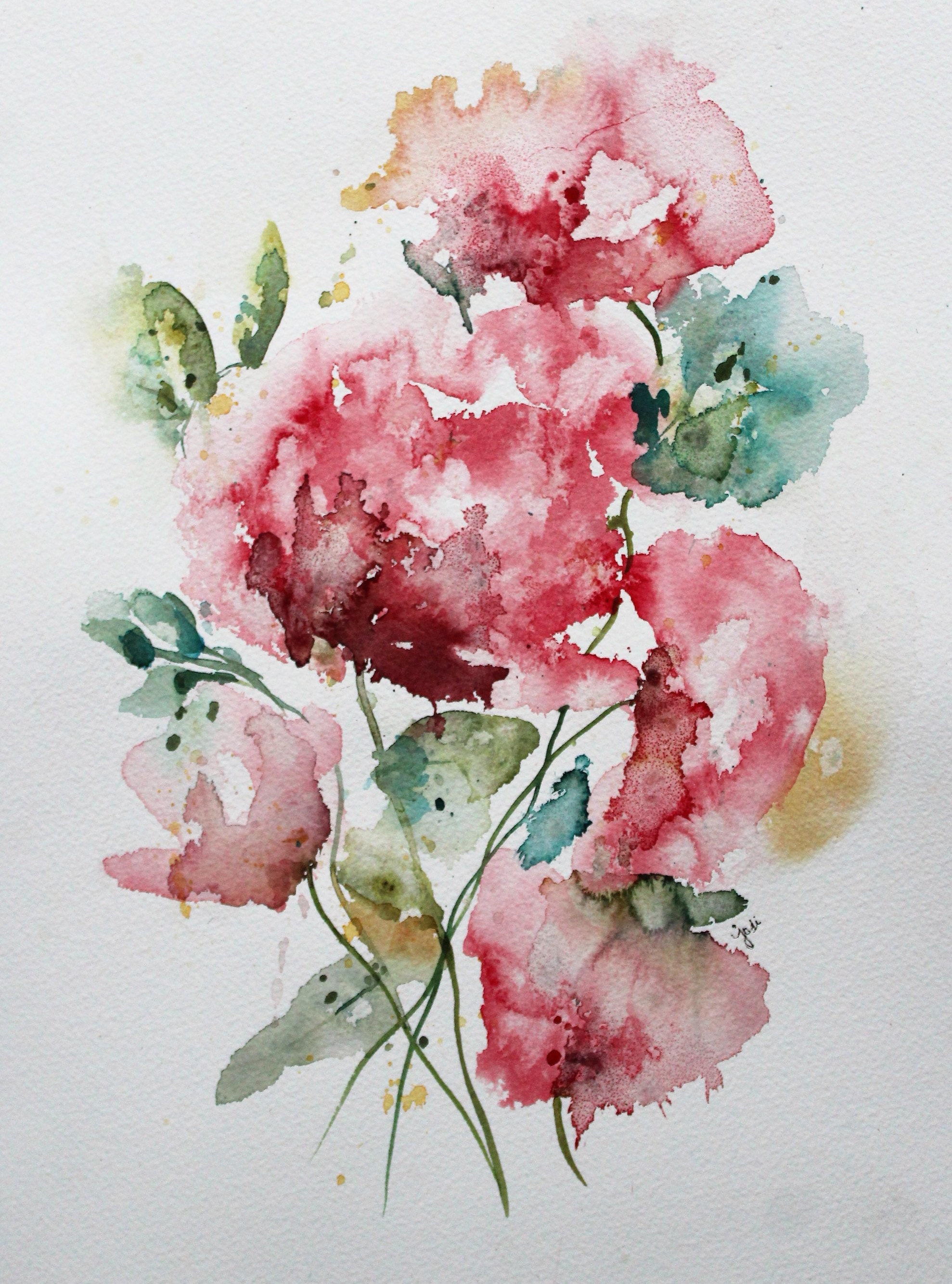 ORIGINAL Watercolor Crimson Flowers, Watercolor Flowers