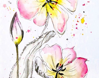 Soft Pink, Yellow, & Gray Flower  PRINT of watercolor painting