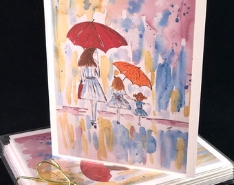 Set of Original PRINT Watercolor notecards mother and daughter, Mother's Day Note Cards/Greeting Cards (Set of Four)watercolor Cards