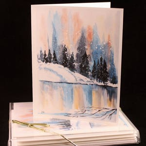 Winter Snowy Pine Landscape Original Watercolor PRINT- Greeting Cards/ Note Cards  (Set of four), Christmas Cards, Winter cards