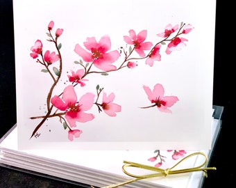 Set of Cherry Blossom Branch Watercolor PRINT Note Cards/Greeting Cards (Set of Four)