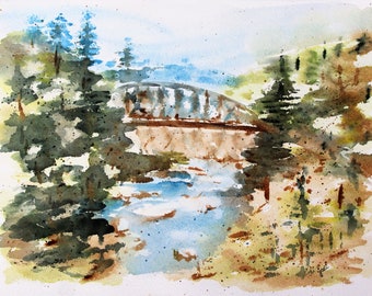 Bridge landscape Watercolor Print of Original painting, landscape painting, river painting,