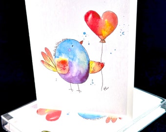 Little Birdie with Heart Balloon Watercolor Print Card Set -  set of 4 boxed with envelopes
