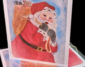 Set of santa  Original Watercolor PRINT- Greeting Cards/ Note Cards  (Set of four), christmas Cards, Winter cards